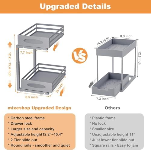 Under Sink Organizer, 2 Tier Under Sink Organizers and Storage, Adjustable Height, Slide out Metal Cabinet Organizers, Pull out Cabinet Storage Drawer Shelf for Kitchen Bathroom (Gray, 2 Pack) - Image 5