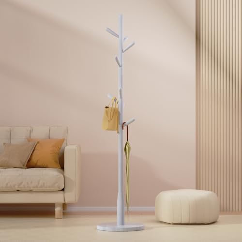 Solid Wood Round Base Coat Rack, Free Standing Hall Coat Tree with 8 Hooks（+2 spare for Coats, Hats, Bags, Purses, for Entryway, Hallway, Rubberwood Hooks,Base and Pole(Round Base,White) - Image 5