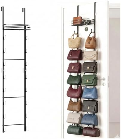 Over the Door Purse Organizer, Wall Mounted Handbag Storage Rack with 16 Hooks and Mesh Basket, Heavy Duty Carbon Steel Bag Holder for Closet, Entryway, Apartment Essentials, Splitable Design, Black by Unknown