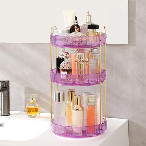 Aveniee Rotating Makeup Organizer for Vanity, Perfume Skincare Organizerss Large, Spinning Bathroom Counter Shelf Holder for Cosmetics, Skin Care, Lipsticks,3 Tiers, Purple - Image 6
