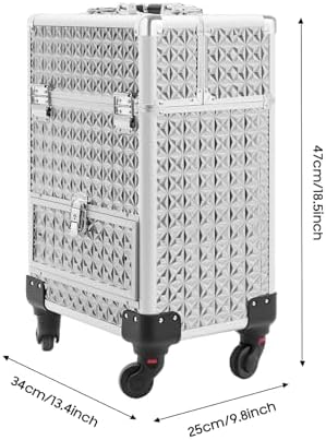 Rolling Makeup Manicure Storage Case, Makeup Trolley Rolling w/4 Universal Wheels Professional Aluminum Cosmetic Trolley Cases w/lock for Studio or Travelling (Silver) - Image 3