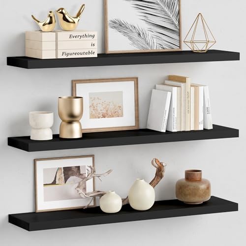Forbena Large Floating Shelves for Wall 36 Inches Long 8 Inch Deep, Black Wall Shelves for Kitchen Bedroom, Heavy Duty Wooden Floating Shelf for Living Room Office Closet (Black, Set of 3) by Forbena