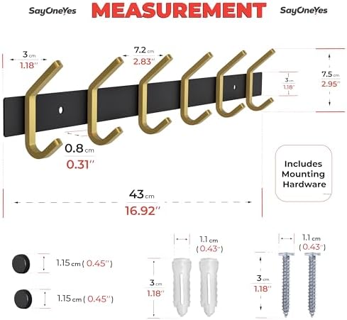 Coat Rack Wall Mount – Black and Gold Hook Rail with 6 Double Coat Hooks, 17 Inch Stainless Steel Wall Hooks for Entryway, Bathroom, Bedroom, Closet, Towel, Hat, Bag, Heavy Duty Organizer - 2 Pack - Image 2