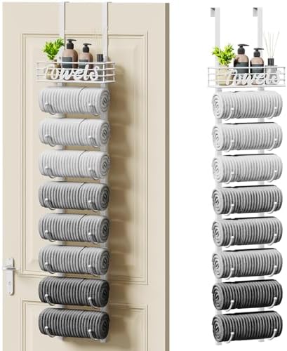 SWTYMIKI Hanging Towel Racks for Bathroom - 9 Tier Over the Door & Wall Mounted Bath Rolled Towel Storage Organizer Holder for Small Bathroom, RV, Camper, White (Patented) by SwtyMiki-TidyHomeSweetLife