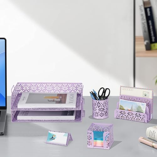 EasyPAG Desk Organizers and Accessories 5 Pieces Office Supplies Set - 2 Tier Paper Tray, Pencil Organizer for Desk, Mail Sorter Countertop, Business Card Holder and Sticky Note Holder, Purple - Image 7