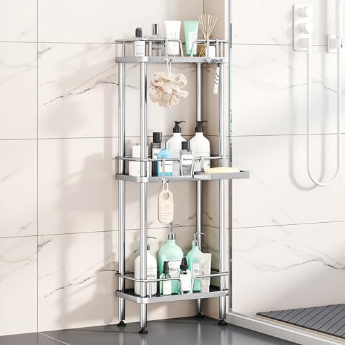 HapiRm Standing Corner Shower Caddy - 3 Tier Corner Shower Organizer with Soap Holder, Rustproof Stainless Steel Bathroom Shelf with 4 Hooks, Silver by HapiRm