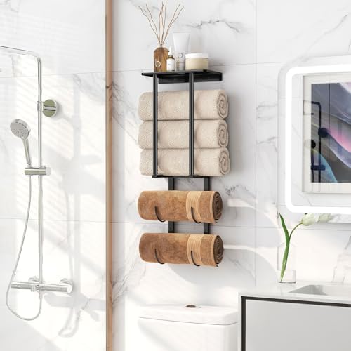 Towel Racks for Bathroom, Bathroom Towel Rack Wall Mounted with 2 Tiers Rolled Towel Holder, Towel Storage can Holds 3 Large Rolled Towels, Black - Image 6
