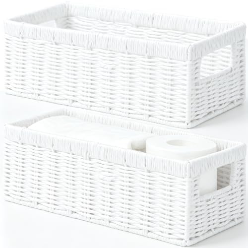 Vagusicc Wicker Storage Basket, Paper Rope Wicker Baskets with Handles, Toilet Paper Basket for Toilet Tank Top, Small Wicke Baskets for Organizing Shelves, 2-Pack, White by Vagusicc