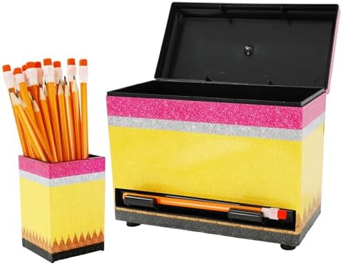 JarThenaAMCS Pencil Dispenser for Classroom Back to School Yellow Pink Pencil Holder with Lid Pen Storage Container Box for Teacher Appreciation Week Student Desk Organization Supplies by JarThenaAMCS