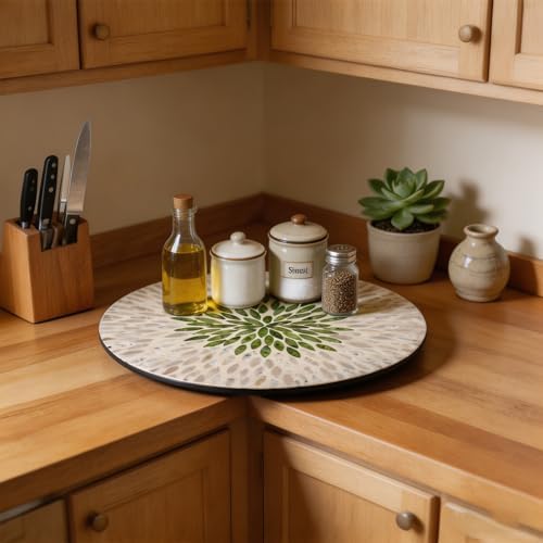 13.4" Mother of Pearl Lazy Susan, Table Centerpiece Round Shell Decorative Lazy Susan Turntable Rotating Tray Organizer for Cabinet Counter Gift Kitchen Office Cafe Home Decor (White Green) - Image 3