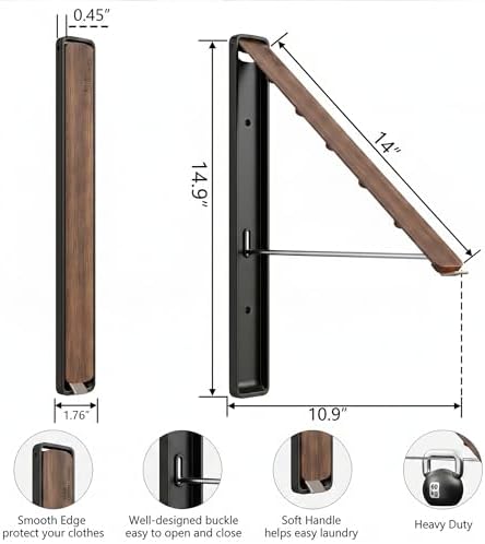 Dr.DJ Clothes Drying Rack Wall Mounted, Retractable & Foldable Clothes Hanger for Laundry Room Organization and Storage, Clothes Hanger Rack for Dorm, Closet, Balcony, Laundry Room(2Pack, Wood) - Image 2