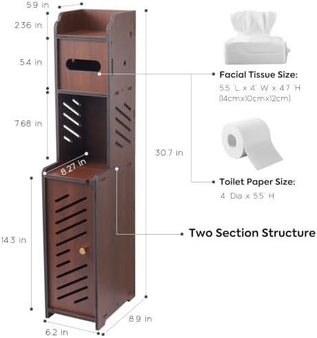 Small Toilet Paper Holder with Storage, Behind Toilet Storage Cabinet for Bathroom Corner, Slim Toilet Paper Holder Stand (Walnut Wood) - Image 2