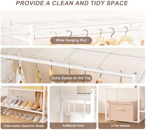 Neprock Clothing Racks for Hanging Clothes with Shelves, Portable Closet System Organizer Garment Rack for Clothes Storage, Metal Free Standing Wardrobe Clothes Organizer(White) - Image 6