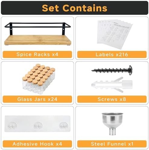 4-Tier Wall Mount Spice Rack Organizer with 24 Glass Jars, 216 Labels & Funnel - Screw/Adhesive Mount, Black Metal & Bamboo Spice Storage for Kitchen Pantry Cabinet, 11.6”W x 2.4”D x 3.2”H - Image 2