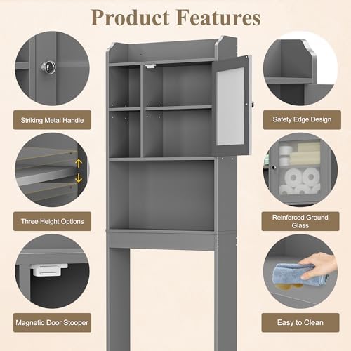 ZENY Over The Toilet Storage Cabinet, Bathroom Organizer with Adjustable Shelf and Double Doors, Freestanding Bathroom Space Saver Toilet Rack (Gray) - Image 6