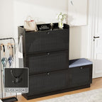 Shoe Cabinet with Bench, 4‑Flip Drawer Fluted Shoe Storage Cabinet with Removable Adjustable Shelves, Side Hooks & Anti‑Tip Device, Freestanding Entryway Shoe Organizer for Hallway, Black - Image 7