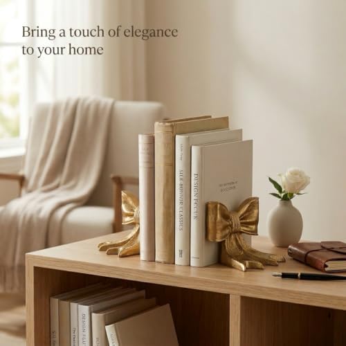 Gold Bow Metal Bookends Set of 2 Heavy Duty Cast Iron Book Ends for Heavy Books Unique Modern Decorative Book Holders for Shelves Home Accent Decor - Image 3