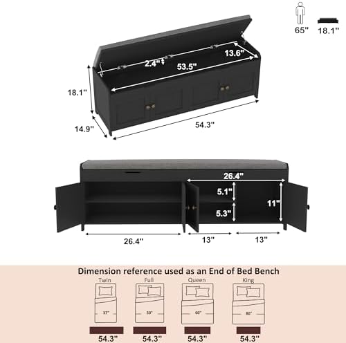 HOMEFORT 54.4" Shoe Bench with Lift Top Storage, Entryway Bench with Cushioned Seat, Wooden End of Bed Bench, Shoe Cabinet Bench with Hidden Storage Space, for Bedroom, Hallway,Black - Image 3