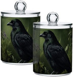 Qtip Cotton Ball Holder Dispenser with Lid, Raven Book Flower Print Plastic Jars Bathroom Canisters Storage Organizer 4 Pack by YMGQYJ