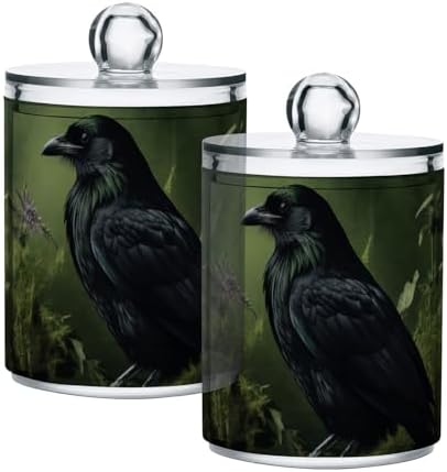 Qtip Cotton Ball Holder Dispenser with Lid, Raven Book Flower Print Plastic Jars Bathroom Canisters Storage Organizer 4 Pack by YMGQYJ