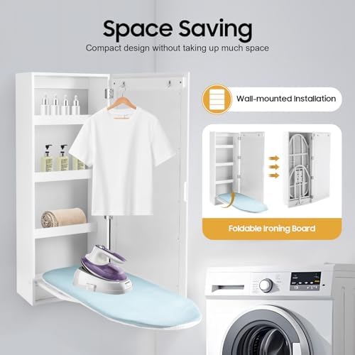 Wall Mount Ironing Board Cabinet, in-Wall Recessed Ironing Cabinet, Built-in Swivel Ironing Board Foldable with Mirror, for Edrooms, Checkrooms, Small Houses, Sewing Rooms, Bedrooms - Image 3