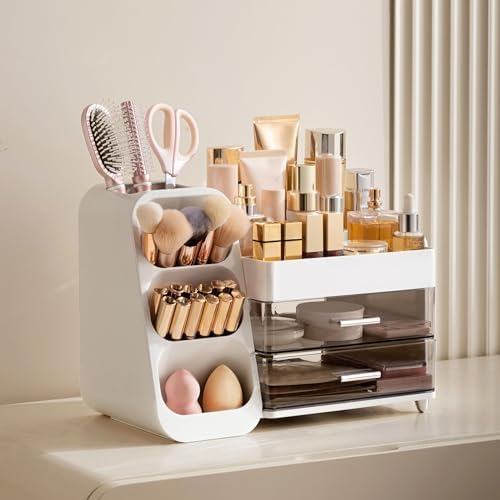 HBlife Makeup Organizer with Brush Holder for Vanity, Large Plastic Bathroom Countertop Organizer Skin Care Storage, Easy to Store Lipsticks, Nail Polishes, Perfumes, Eyeshadow Palettes, White - Image 5