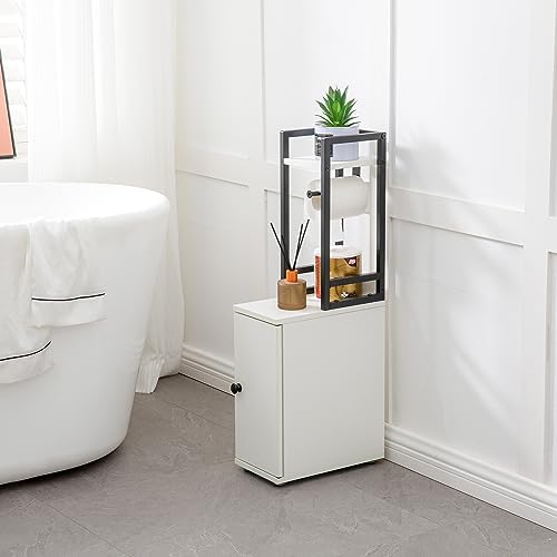 SUNTAGE Small Bathroom Storage Cabinet, Narrow Side Bathroom Organizer w/Toilet Paper Roll Holder and Metal Frame, Slim Toilet Paper Storage Cabinet for Bathroom, White - Image 6