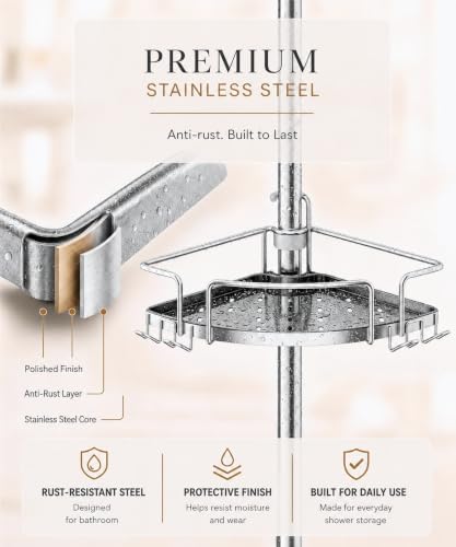 ALLZONE Two-Tone Corner Shower Caddy Tension Pole for Bath Shampoo Storage - Image 7