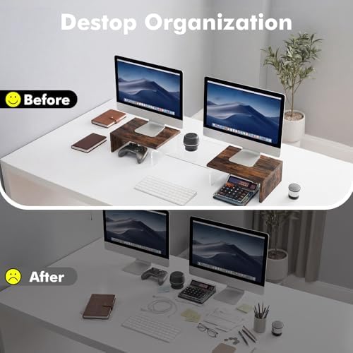 Dual Monitor Riser, Acrylic Monitor Riser, Adjustable Angle & Length Computer Monitor Stand, Wide Desk Shelf for Top of Desk for Home Office_Wood Look Small - Image 7