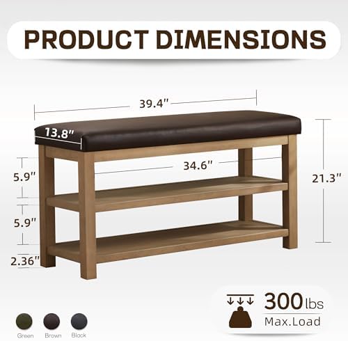 Zihanhome Shoe Rack Bench with Leather Cushion, 2 Tier Solid Wood Storage Bench, Mid-Century Modern Shoe Bench for Entryway, Hallway, Closet, Front Door Entrance, Foyer (Dark Brown, 39.4") - Image 2