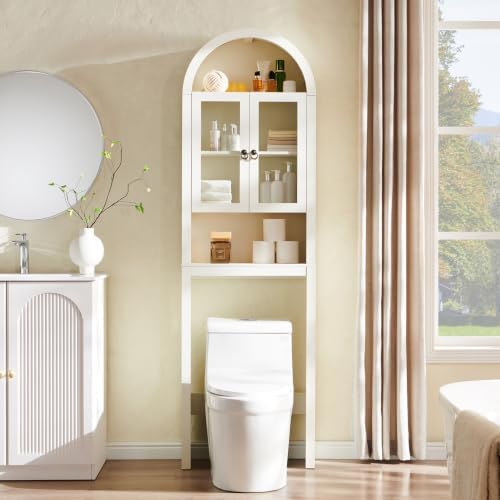 IFGET Arched Over The Toilet Storage Cabinet w/Acrylic Doors, Antique White - Image 3