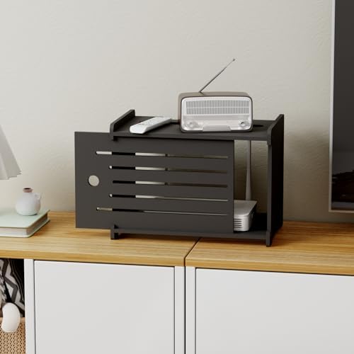 Wooden WiFi Router Storage Box Hider Shelf, Decorative Projector Box Hider Rack Countertop, for Cable, Modem, Internet, Router Power Cover Storage Organizer Cabinet Wall Mounted, Black - Image 2