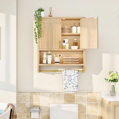 HOOBRO Fluted Bathroom Cabinet with 2 Doors, Farmhouse Bathroom Wall Cabinet with Towel Rack and Open Shelf, Fluted Wall-Mounted Medicine Storage Over The Toilet for Bathroom, Kitchen, Natural - Image 2