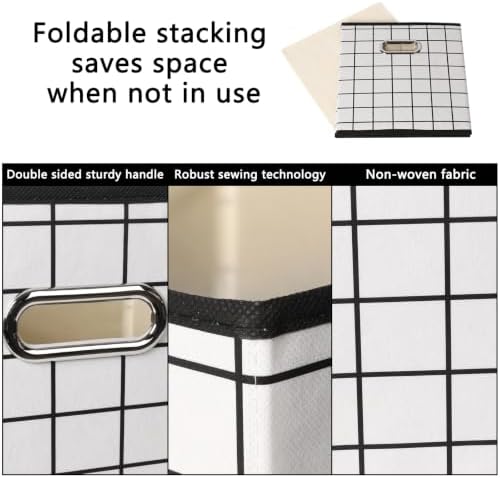 Fabric Cubby Storage Bins,13x13x13 Inches,Cube Organizer Bin Foldable Storage Boxes with Dual Handles Fabric Organizer Box and collapsible Storage basket,Set of 6,White grid - Image 7