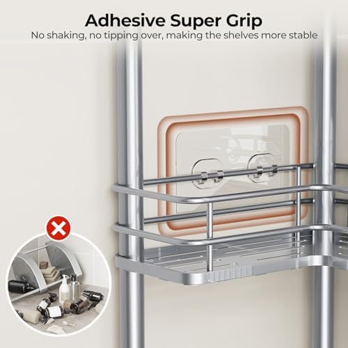 Orimade Rustproof 3 Tier Floor Standing Corner Shower Caddy Organizer with Toothbrush Holder, Large Spacing Floor Shower Shelf Rack Storage Stands with Hooks for Bathroom Kitchen, Silver - Image 5