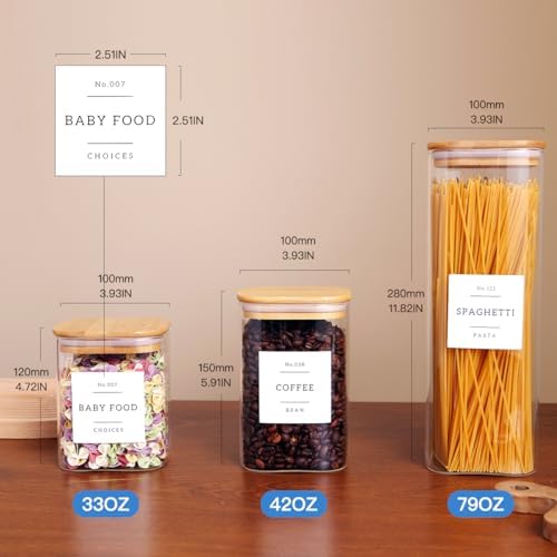 CZZGSM 5 Pack Square Glass Pantry Storage Containers with 132 Kitchen Food Pantry Labels - Clear Glass Jars with Airtight Wood Bamboo Lids - Glass Canisters for Cookies, Nuts, Cereal - Image 4