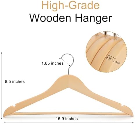 TOPIA HANGER Premium Wooden Hangers 30 Pack, Natural Wood Clothes Hangers, Durable Coat Hanger, 360° Swivel Hook, Non-Slip Shoulder Notches for Strap Dress, Shirt, Pant, Jacket-CT54N30 - Image 2