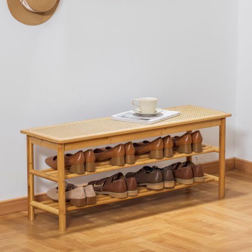 latifolia Shoe Rack Bench, 3-Tier Bamboo Shoe Bench with Breathable Rattan Seat Cushion, Shoe Storage Rack for Entryway(Nautre,39.70''L) by Latifolia