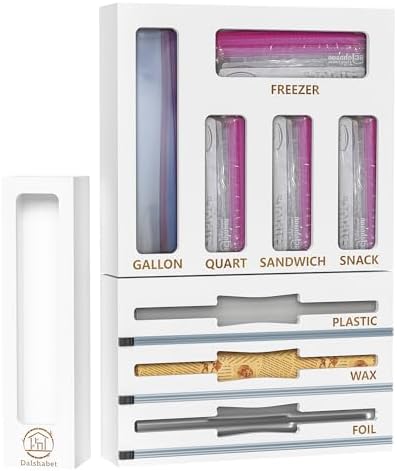 DALSHABET 9 IN1 Bamboo Storage Bag Drawer Organizer with Cutter, Foil and Plastic Wrap Dispenser for Kitchen Storage Compatible with All Brands Gallon, Quart, Sandwich & Snack Size Bags - White by DALSHABET