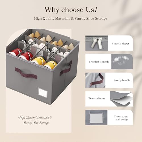 Criusia Shoe Organizer for Closet, 4 Pack Shoe Organizer with Transparent Cover and Sturdy Handles, Closet Shoe Storage for Sneakers Sandals Slippers, Fit 12-16 Pairs, Gray - Image 4