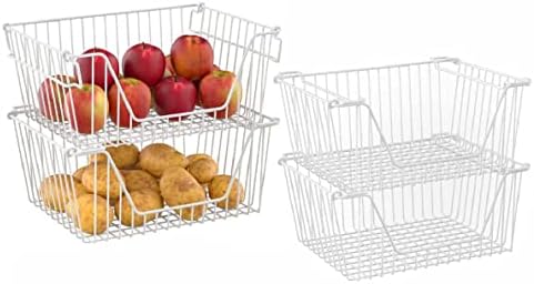 Stackable Wire Metal Baskets Large Capacity Kitchen Freezer Bins for Pantry Cabinet Fruit Vegetable Snacks Organization, White, Set of 4 by blitzlabs