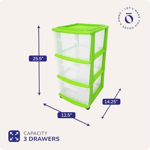 HOMZ Drawer Tower, 3-Tier Storage Cart with Removable Wheels, Bold Lime - Image 2