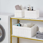 Vagusicc Wicker Basket, Set of 3 Hand-woven Storage Baskets for Organizing, Decorative Rectangle Wicker Storage Basket Bins with Handles, Small Toilet Paper Storage Baskets for Shelves & Decor, White - Image 4