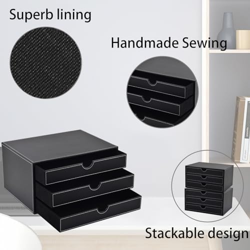 PU Leather Desk Organizer with 3 Drawers,Executive Office Supplies Desktop Filing A4 File Cabinet/Holder for Jewelry/Bill/Paper/Documents/Makeup Home Decor Stationery Storage Box,Black - Image 5