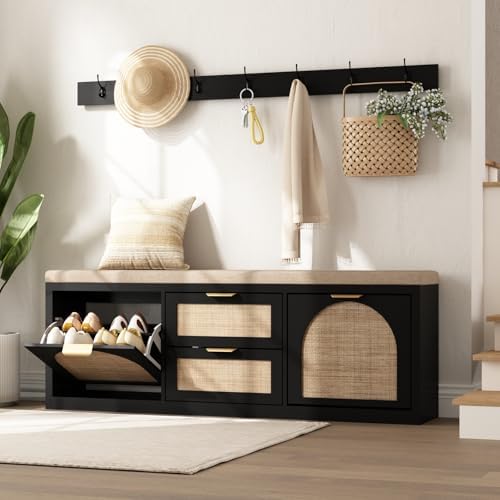 Rattan Narrow Entryway Bench with Shoe Storage, 4 Drawers & Coat Rack, Mid-Century Modern Wood Shoe Cabinet with Seat Cushion for Foyer/Hallway (Black) by WINWY
