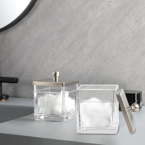 Glass Cotton Jar Holder 2 Pack– Satin Nickel Lid, Elegant Bathroom Storage Canister for Qtips, Cotton Balls, Floss, Makeup Organizer, Vanity & Bathroom Organization - Image 4