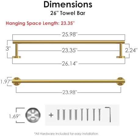 FORIOUS Towel Bar Towel Racks for Bathroom Wall Mounted 24" Brushed Gold - Image 2