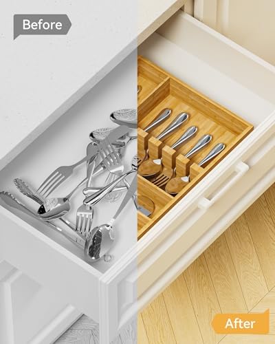 Yofidra Bamboo Silverware Organizer, 16.3″x12.24″x2.6″ Kitchen Utensil Drawer Organizer, Silverware Tray for Drawer with Fixed Slots for Spoons, Forks & Knives, Natural - Image 6