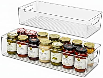 primebox Plastic Food Storage 2 Pack Clear Container Bin with Handles for Organizing Kitchen, Pantry, Refrigerator, Freezer, Pantry, Cabinet, Closet, Bathroom. 20”x8”x5” by primebox