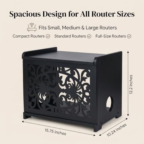 Wooden WiFi Router Hide Box with Cable Management, Decorative Router Box Hider for Modem, Power Strip Cords, Large Router Storage Cabinet, Modern Home Organizer for Living Room & Office (Black) - Image 3